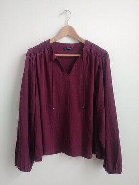 Denver Hayes Large linen blend peasant top blouse deep maroon purple